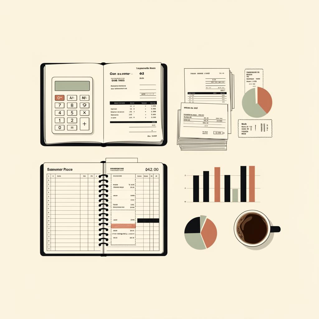 Editorial illustration of a ledger book, calculator, organised receipts, and charts on a cream background.
