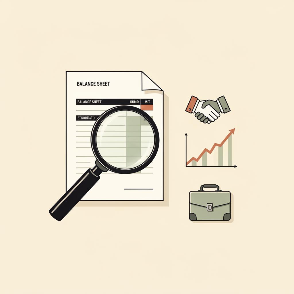 Editorial illustration of a magnifying glass examining a balance sheet, with a handshake and growth chart.