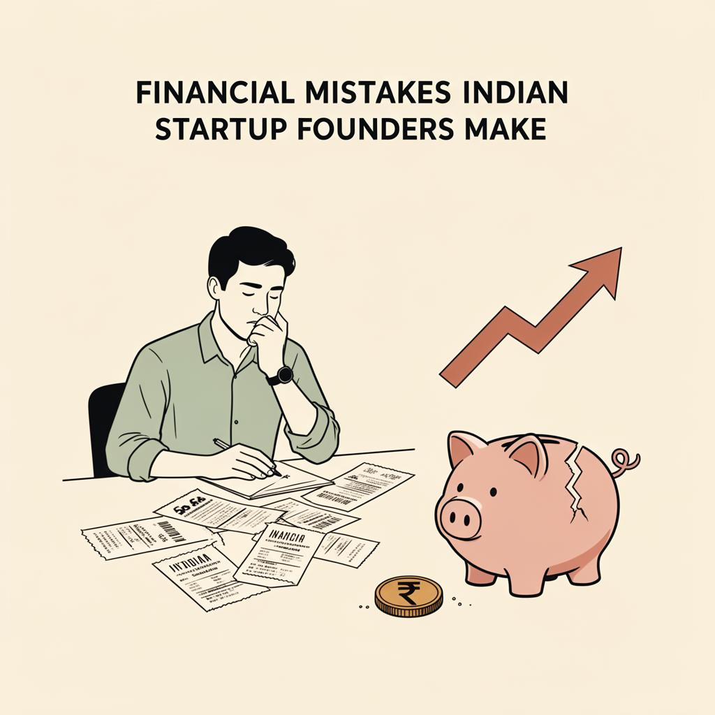 Editorial illustration of a startup founder thinking at a desk with scattered receipts and a piggy bank.
